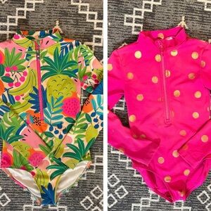 Mini Boden girls one piece swimsuit rashguard bundle size 7/8 tropical polka dot